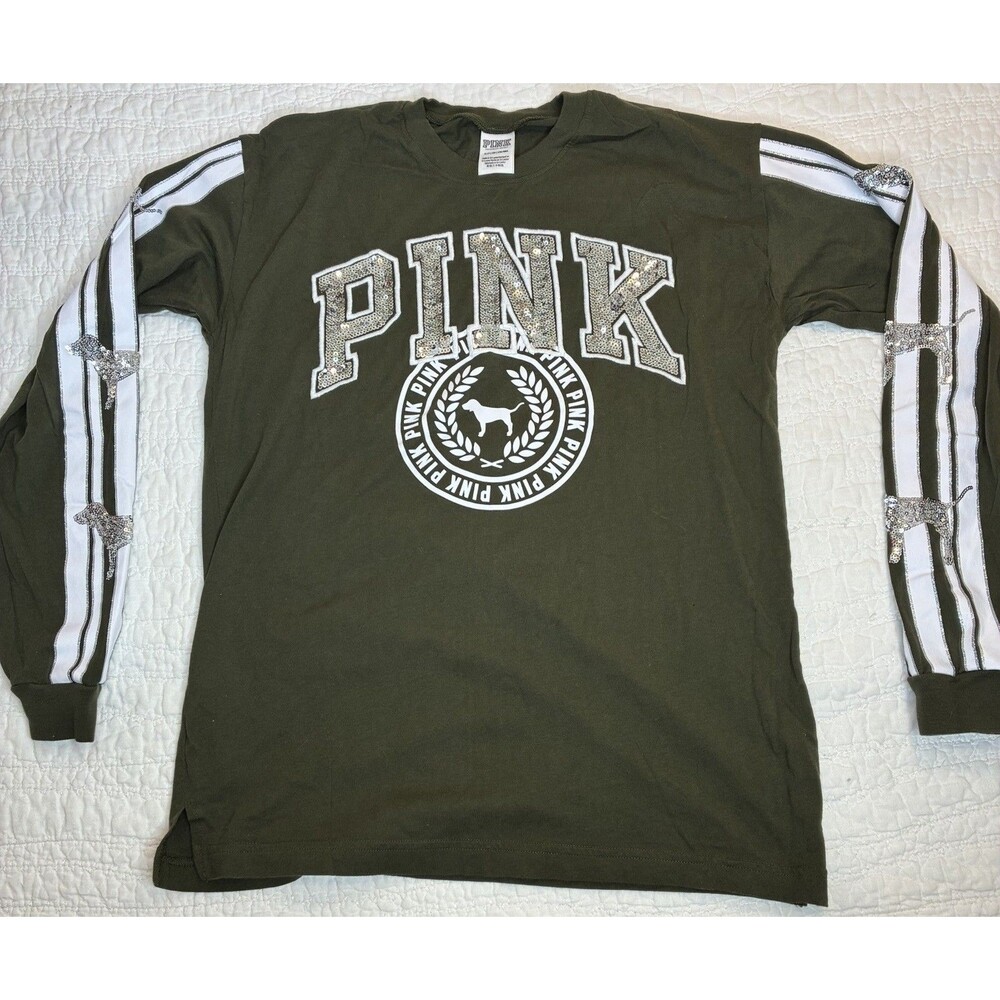 Victoria Secret PINK green long sleeve campus tee silver sequin Mega dog Sz S
